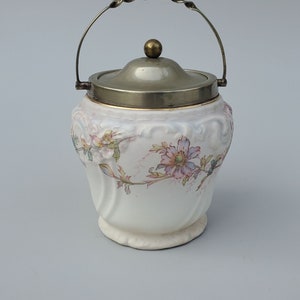 Antique Taylor & Tunnicliff England Floral Biscuit Cracker Jar - Victorian Era - Raised Floral Design With Pink And Blue Flower Decoration