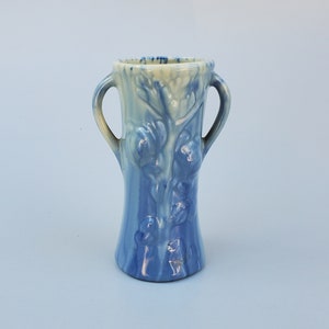 Boys Town Nebraska Handled Blue Drip Glaze Pottery Vase - Raised Floral Design - Pittsfield Pottery Wisconsin - 4.25&quot;