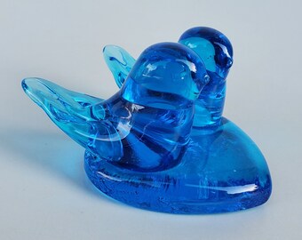 Terra Studios Crystal Blue Birds On Large Heart - Hand Crafted By Leonard Ward In 1992 - Fayetteville Arkansas - Blue Bird Of Happiness
