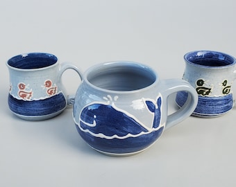 Orcas Island WA Pottery Trudy Irwin Hand Decorated Set of 3 Cups - Little Ducks and Big Whale Design - Northwest Pottery - Child Size - 3pcs