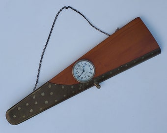Vintage WWII Airplane Wooden Propeller Hanging Wall Clock - Old Riveted Metal Reinforced Blade - Waltham 8 Day Auto Clock - Inset Mini Dial