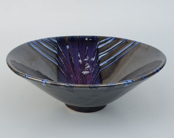 Matthew Patton Seattle Studio Potter Decorated Pottery Bowl - Black Iridescent Glaze With Purple Decoration - White Linear Design - 10"