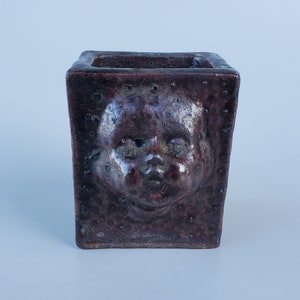 Brent Bennett California Studio Pottery - Unique Cherub Baby Face Planter Vase - Dark Warty Glaze - Signed - 4.5&quot;