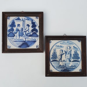 Early Framed Dutch Tile Biblical Scenes - Set of Two Old Tiles - Jesus - Delft Blue Decoration - Fancy Border - 6 x 6 - Early Antique Tiles