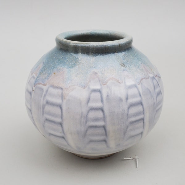 Jerry Weatherman Northwest Studio Pottery Vase - Olga Pottery Studio Orcas Island WA - Frothy Blue Drip Glaze Over White - Linear Design