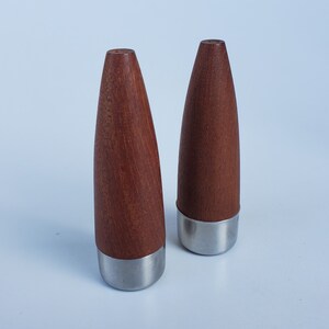 Danish Modern Teak Salt and Pepper Shaker Set - Sleek Tapered Teak Design - Chrome Base - Made In Denmark - Stelton Style - MCM - 4.75&quot;