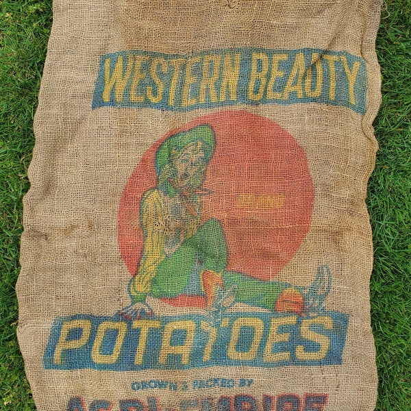 Old Western Beauty Potato Sack - Cowgirl Design - 100 Pound Burlap Sack - Grown  + Packed By Agri Empire - Western Theme - Nice Color 34x21