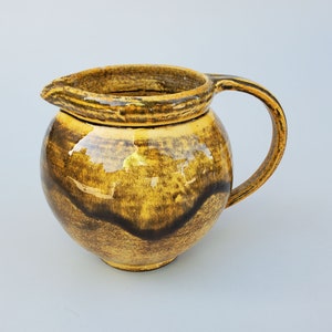 Herman Kahler Drip Glaze Pitcher - Gold Glaze With Black Drip - Loop Handle Design - Made In Denmark - HAK Mark - Danish Pitcher - 4.5&quot;