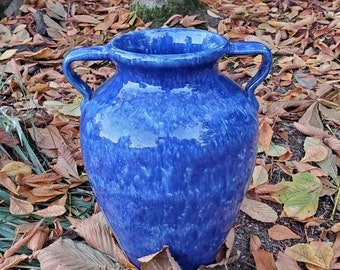 Huge Brush Mccoy Blue Onyx Handled Floor Vase Oil Jar - Glossy
