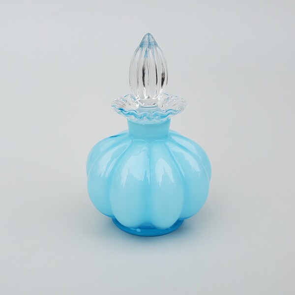Fenton Art Glass Blue Perfume Bottle - Blue Melon Overlay Form - Clear Stopper - Ruffled Clear Rim Design - 4.5"