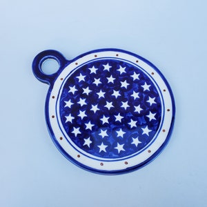 Boleslaweic Polish Pottery Round Decorated Cutting Board - Hot Plate - Trivet - Wall Hanger - Circular Decorated Design - 7.5&quot;