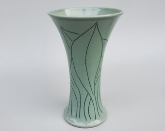 Ken Turner Northwest Studio Pottery Hand Decorated Floral Leaf Design Vase - Green Celadon Glaze - 11.25"