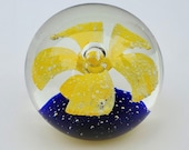 Glass Paperweight - Controlled Bubble Misty Large Yellow Lily - Blue base - Large Center Bubble Blossom