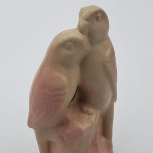 Rosemeade Art Pottery Love Birds Parrots Vase - Pink Hearts Design - Creamy Color + Pink Heart Shaped Leaves - North Dakota Pottery - 5.875"