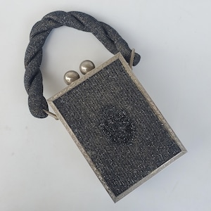 Art Deco Fre-Mor Creations Black Beaded Hand Bag - Embossed Rose Floral Design On Metal Frame - Beaded Rope Handle Design - Beaded Crest Bag