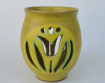 Crow Valley Orcas Island Studio Pottery Candleholder Vase - Hand Carved Tulip Floral Design - Orcas Island Washington - Yellow Glaze - 5.75&quot;