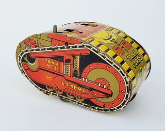 Vintage Marx Tin Wind Up Army Tank No. 3 - Nice Color Graphics  - Vintage Tin Litho Toy Army Tank - Old Louis Marx Toy