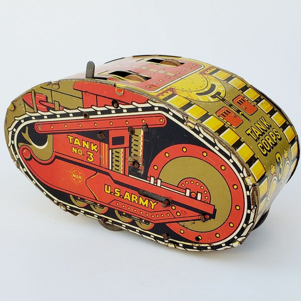 Vintage Marx Tin Wind Up Army Tank No. 3 - Nice Color Graphics  - Vintage Tin Litho Toy Army Tank - Old Louis Marx Toy