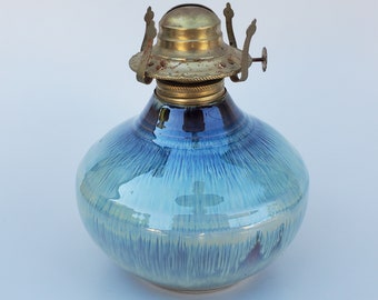 Bill Campbell Studio Pottery Hurricane Oil Lamp - Blue Drip Glaze - With Functional Brass Wick Fitting - Cambridge Springs PA Potter - 6.5"