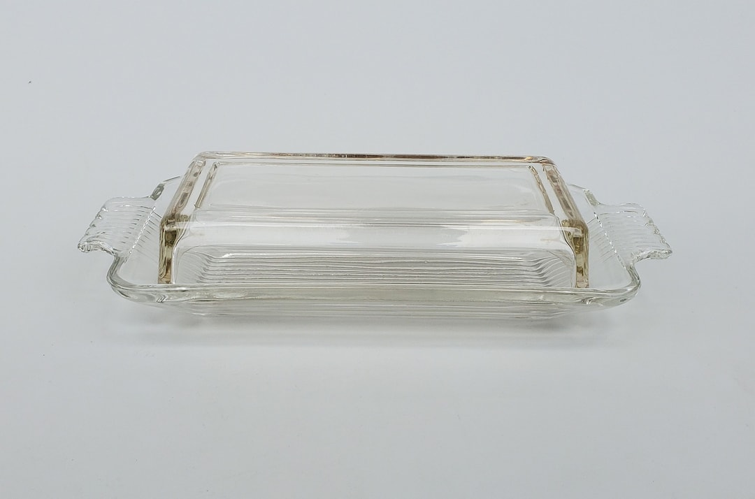 Elegant Pressed Glass Clear Butter Dish Large Size Flared Handle Design