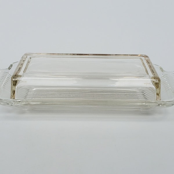 Elegant Pressed Glass Clear Butter Dish - Large Size - Flared Handle Design With Handles - Linear Design On Underplate