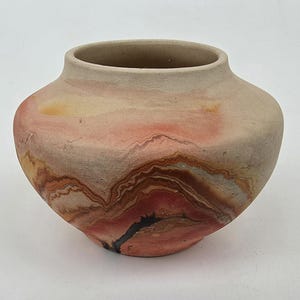 Nemadji Indian Style Pottery Vase -  Red Orange Brown Black Complex Swirl Tones - 5.5"