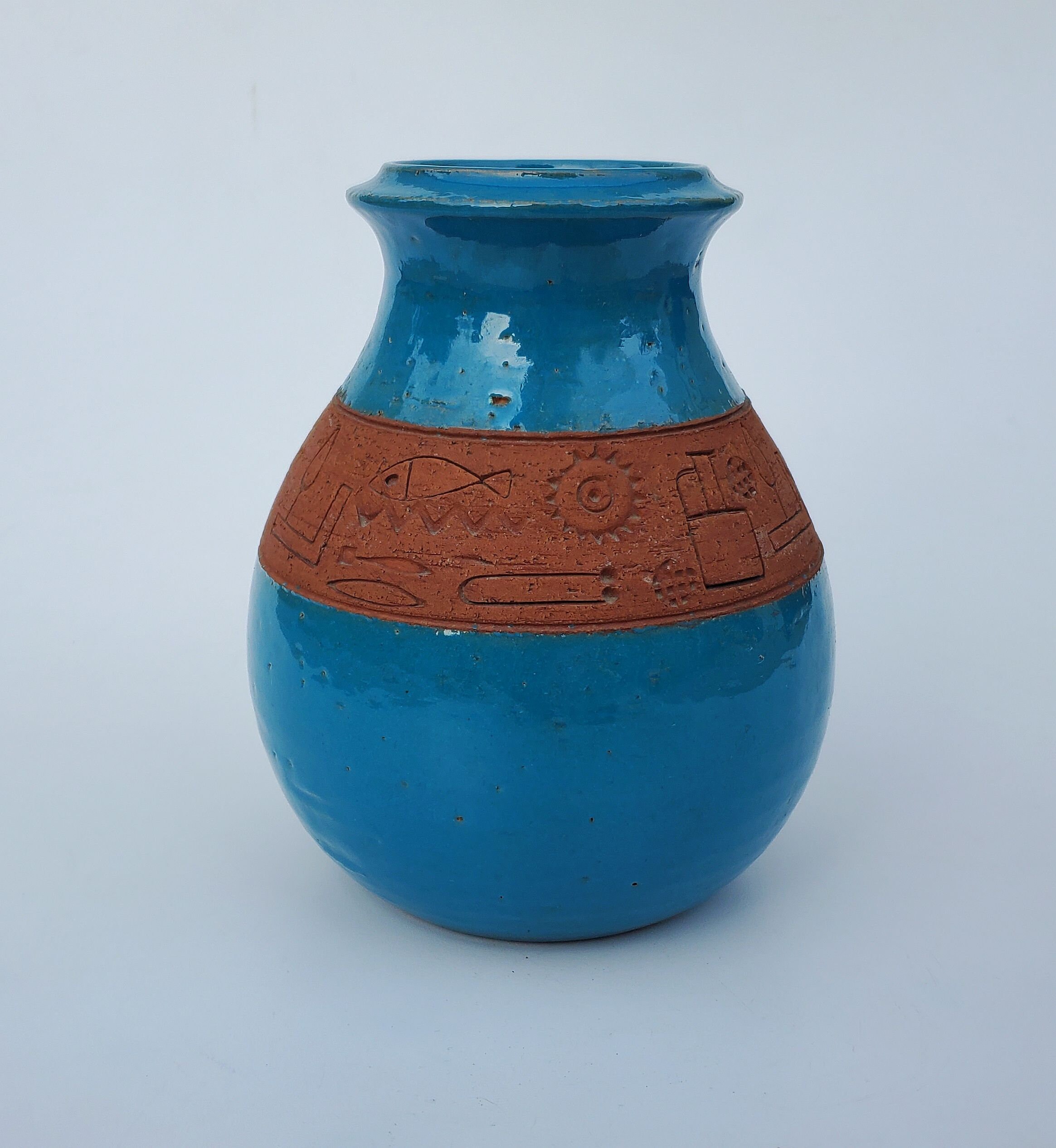 Italian Bitossi Blue Pottery Vase - Stamped FISH and JUG Design