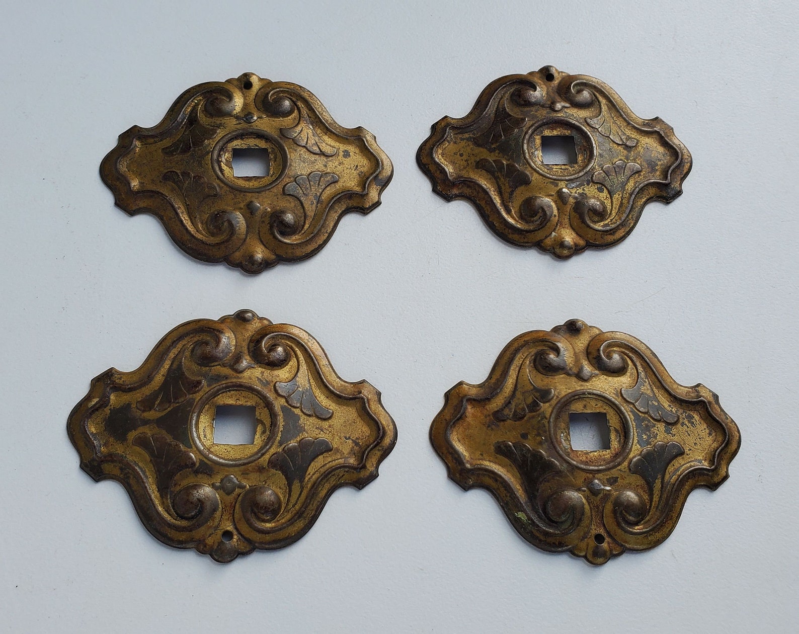 Ornate Antique Brass Escutcheon Plates Set of Four Fancy Etsy