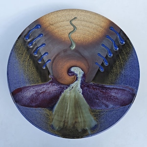 Matthew Patton Pottery Bowl - Abstract Burgundy and Purple Glazed Design - Blue Lines - Deep Center Swirl Design - Northwest Potter - 12.5"