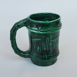 Vintage Hawaii Tahitian Lanai Handled Tiki Mug - Waikiki Hotel - Bamboo Design - Deep Green Glaze - Tiki Barware Cup