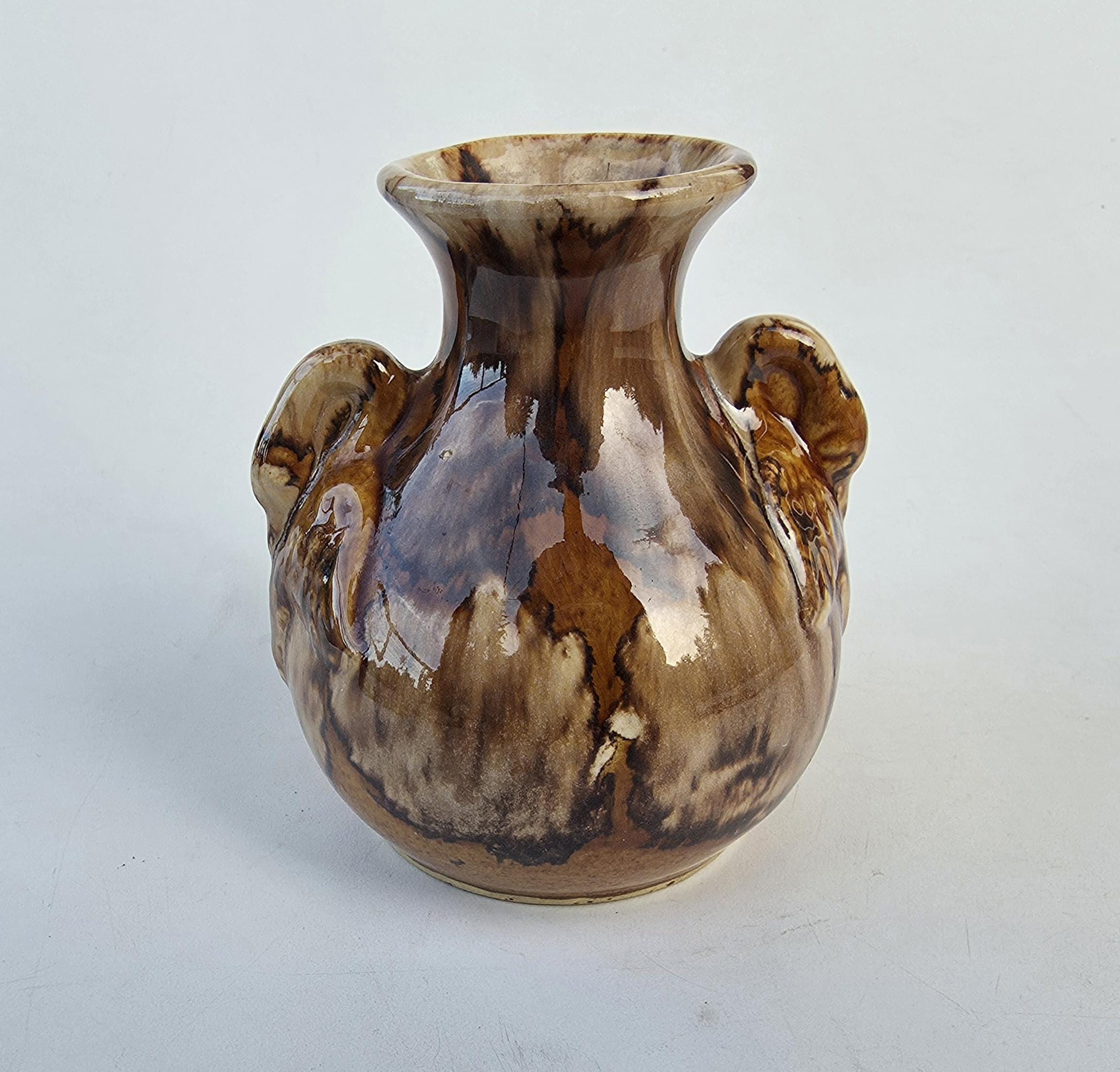 Brush Mccoy Green Gold Onyx Art Pottery Vase - Swan Handle Design