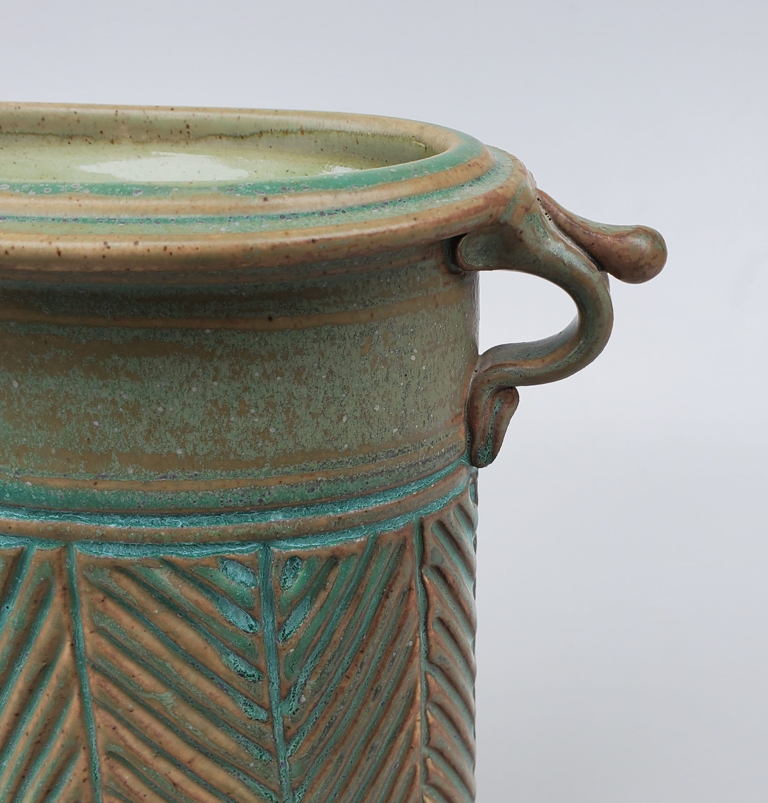 Jim Simister Studio Pottery Handled Vase - Carved Diagonal