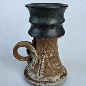 John Schulps Listed California Studio Potter - Large Stoneware Candleholder - Hand Decorated - Double Loop Handle Design - 8.5"