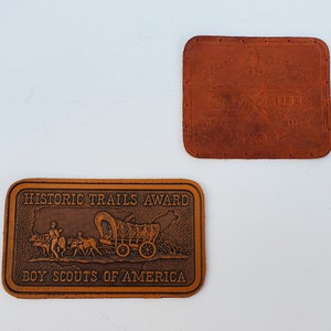 Vintage Boy Scout Leather Patches - 50 Miler Afloat Award - Historic Trails Award - Pair of Boy Scouts Of America Award Patches