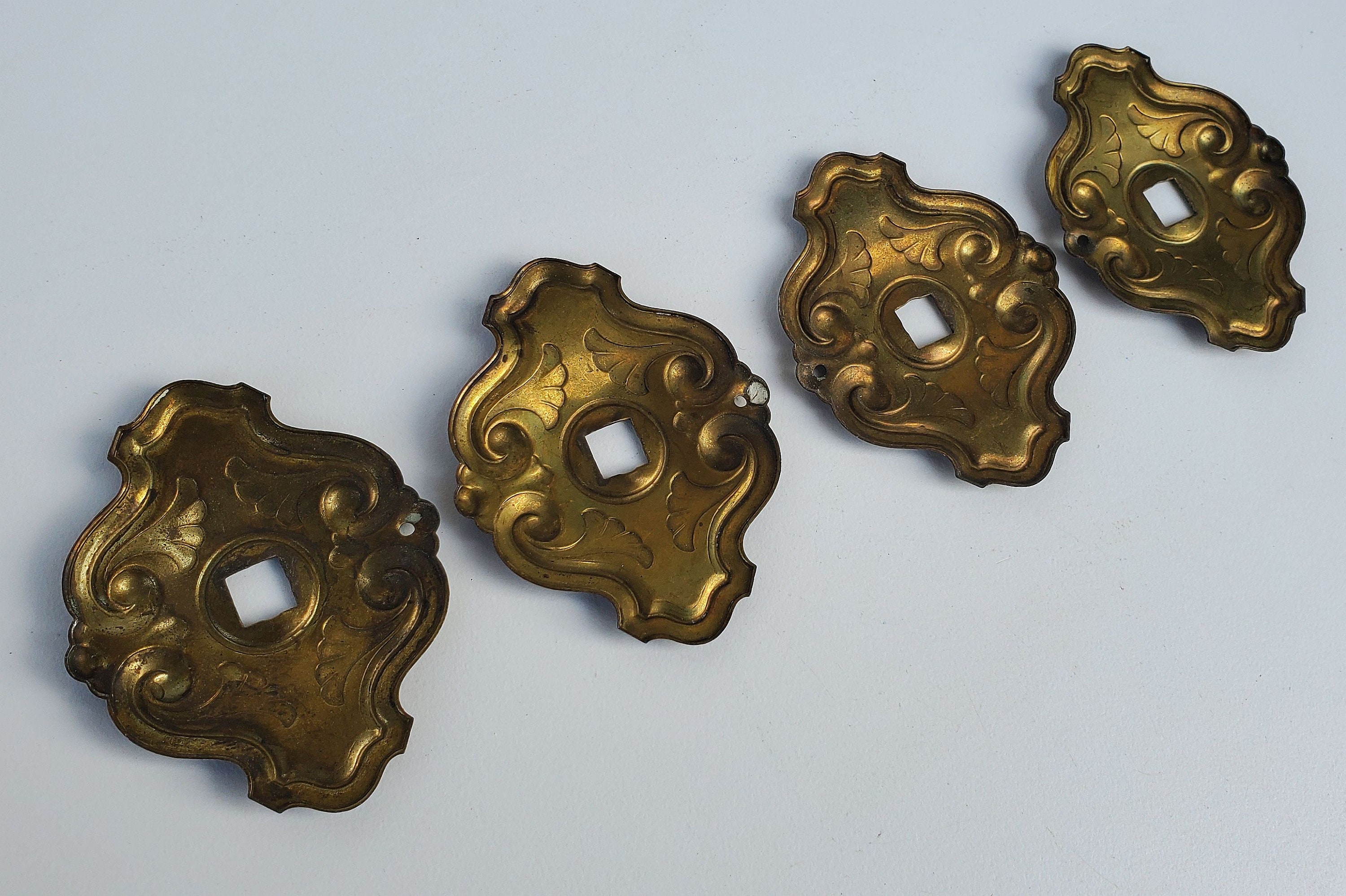 Ornate Antique Brass Escutcheon Plates Set of Four Fancy Etsy