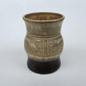 John Schulps California Studio Pottery Vase - Wax Resist Design - White And Brown Drip Glaze - MCM California Pottery - 5"