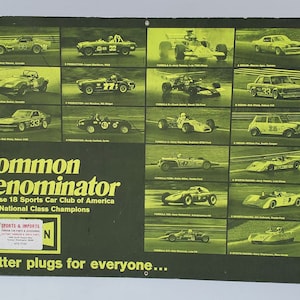 Old 1972 Champion Spark Plug Store Display - 16 National Class Import Race Cars Collage - Formula Cars - Datsun VW MG Corvette Ford Honda