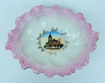 Antique Marshall County Court House Marysville Kansas Porcelain Novelty Dish - Ornate Border - Purple Coloration With Gold Design - 7"