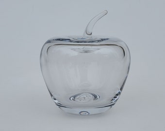 Blenko Art Glass Hand Blown Apple - Large Clear Glass Long Stem Apple  - Milton West Virginia - 5&quot;