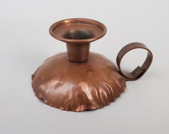 Vintage Leland Drumgold Copper Candlestick - Circle Design - Loop Handle Design - Crimped Edge - Signed - Arts And Crafts Style