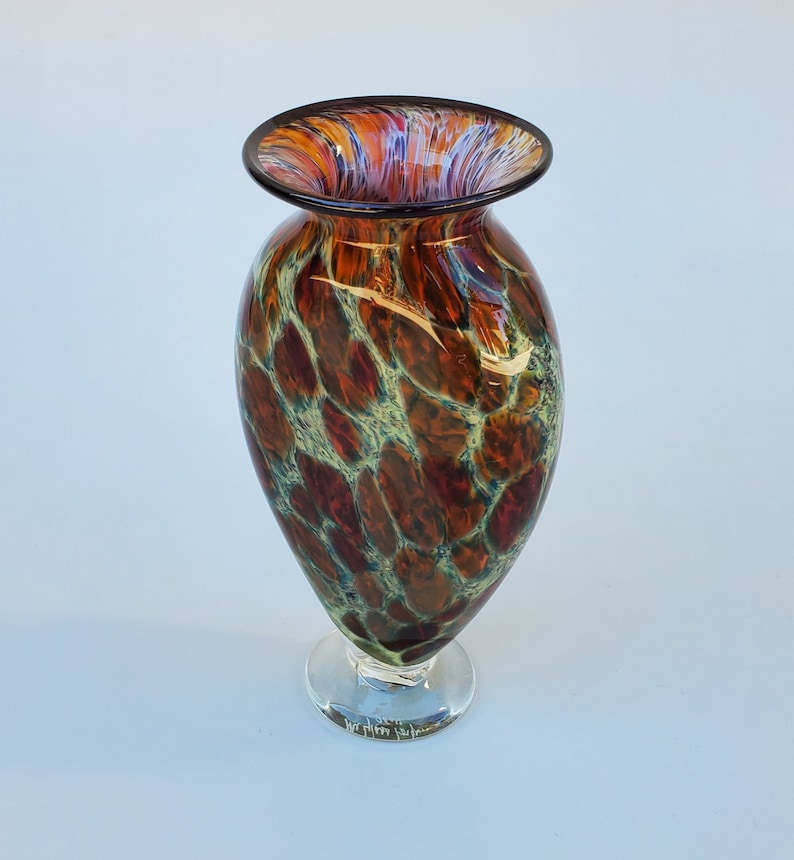 The Glass Forge Studio Art Glass Vase - Brown And Burgundy Leopard Spot Pattern - Oregon Glass Vase - Dated 2004 - Northwest Art Glass - 7" image 8