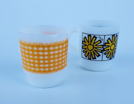 Fire King Vintage D Handle Mugs Set of 2 Mugs Yellow Daisy Yellow 