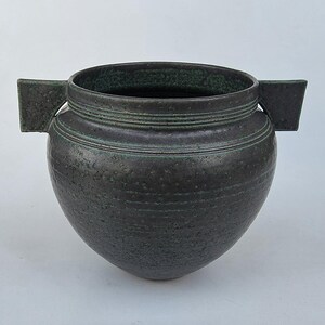 Michael Nowack Studio Pottery Handled Vase - Textured Dark Green And Black Surface - Tucson Arizona Studio Potter - 5.5"