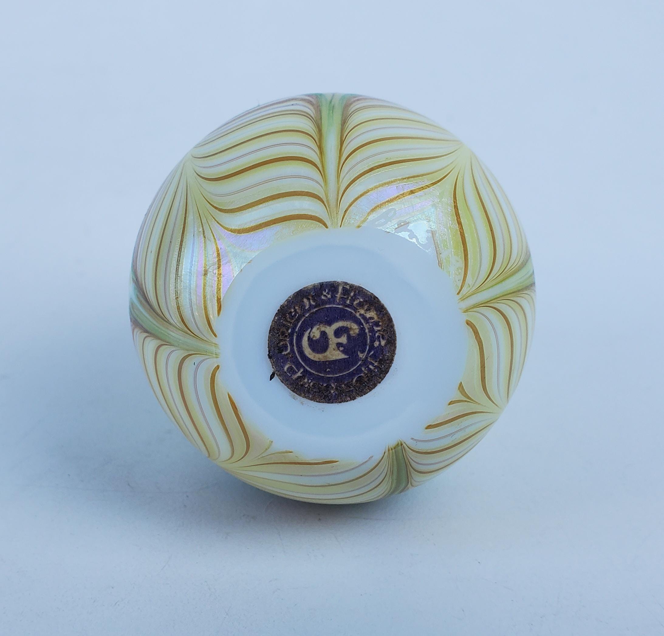 Orient and Flume Art Glass Egg Paperweight - Pulled Feather Design