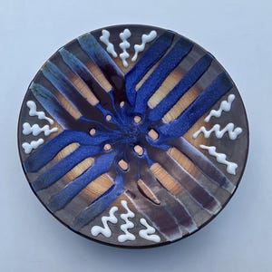 Matthew Patton Northwest Studio Pottery Wall Art Pottery Bowl - Hand Decorated Blue And Oxblood Red MCM Design - Seattle Area Potter - 12"