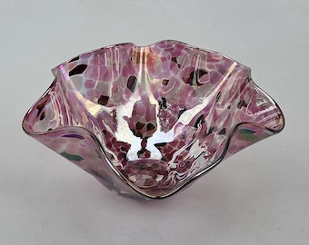 Glass Eye Studios Seattle Hand Blown Ruffled Rim Iridescent Bowl - Pink White Green Confetti Oil Spot Coloration - Northwest Art Glass - 6"