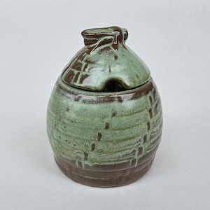 May include: A ceramic honey pot with a rounded body and a matching lid featuring a sculpted bee handle. The vessel has a textured, hive-like pattern with a glossy finish in shades of sage green and dark brown, including a small notch for a spoon.