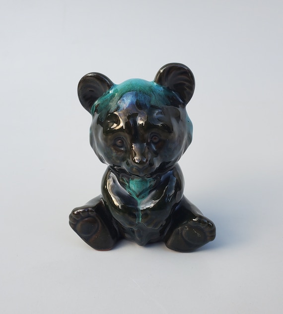 Blue Mountain Pottery Seated Bear Sculpture - Green Drip Glaze Over Black - Red Clay - BMP Pottery Canada - Figural Panda Style Bear - 4.75"