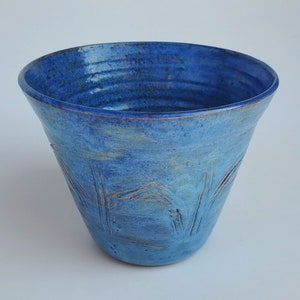 Dorothy Jervis - Blue Studio Pottery Vase - Flared Vase Form - Carved Abstract Tree Design - New York Potter