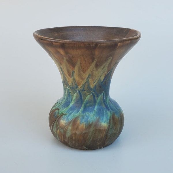 Peters and Reed Art Pottery Landsun Vase - Flaring Rim Design - Blue And Brown Brushed Design - Zaneware Mark